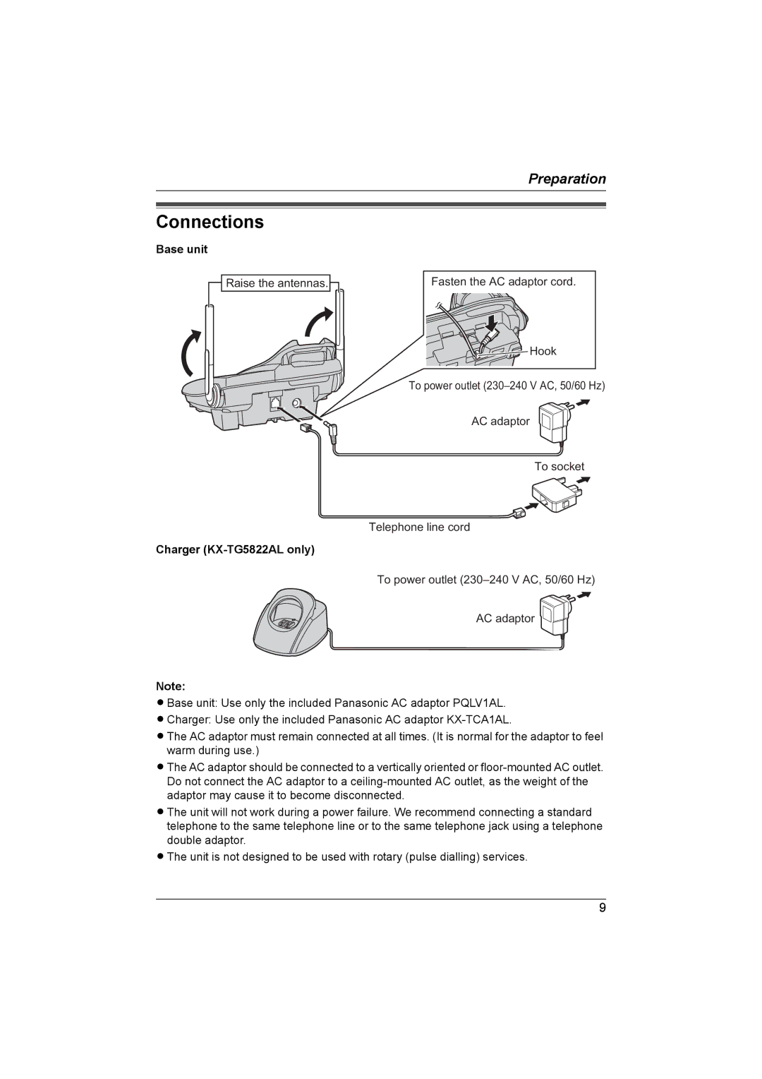 Panasonic KX-TG5821AL, KX-TG5822AL operating instructions Connections, Base unit, Charger KX-TG5822AL only 