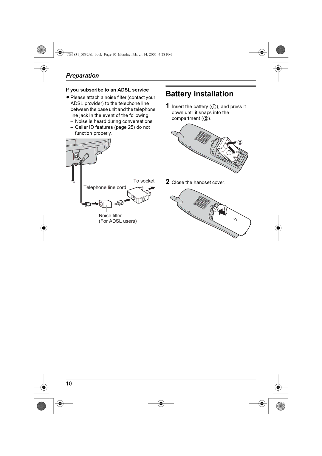 Panasonic KX-TG5832AL, KX-TG5831AL operating instructions Battery installation, If you subscribe to an Adsl service 