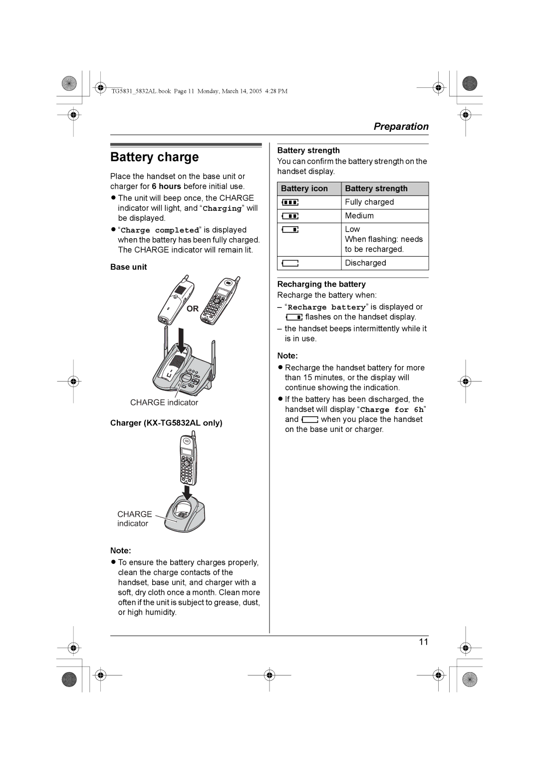 Panasonic KX-TG5831AL, KX-TG5832AL Battery charge, Battery icon Battery strength, Recharging the battery 