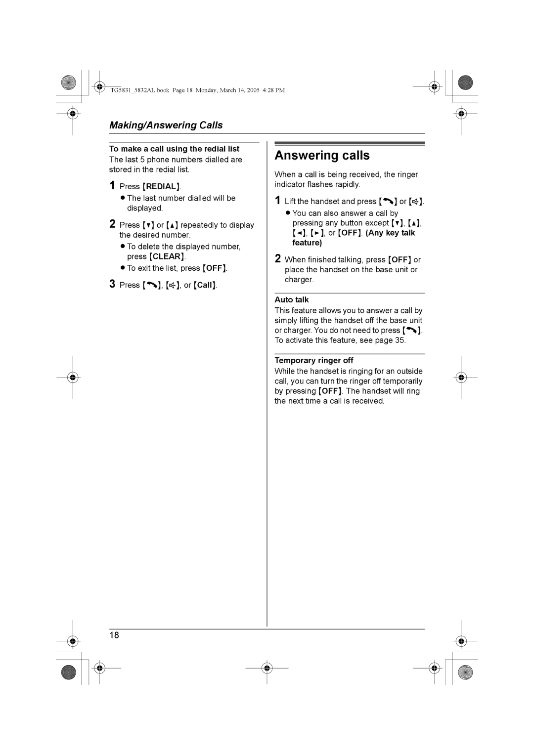 Panasonic KX-TG5832AL, KX-TG5831AL Answering calls, To make a call using the redial list, Auto talk, Temporary ringer off 