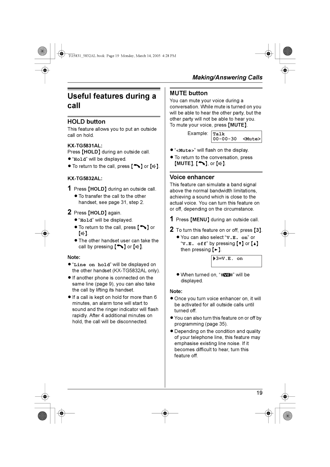 Panasonic KX-TG5831AL, KX-TG5832AL Useful features during a call, Hold button, Mute button, Voice enhancer 