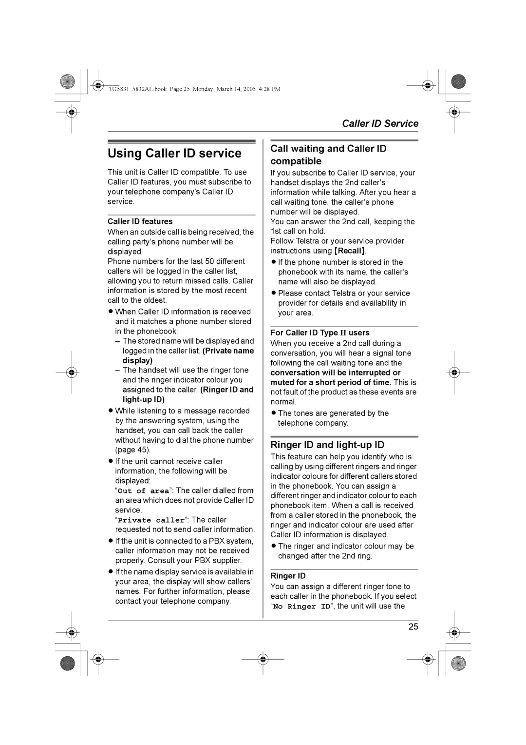 Panasonic KX-TG5831AL Using Caller ID service, Call waiting and Caller ID compatible, Ringer ID and light-up ID 