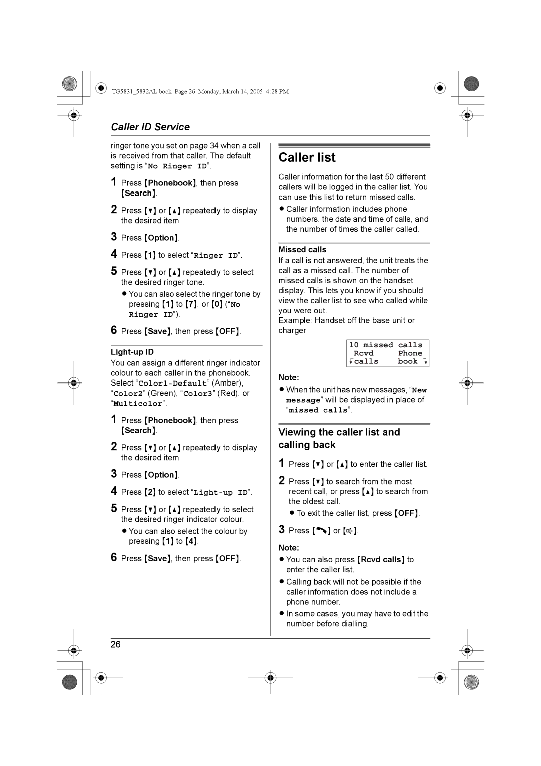 Panasonic KX-TG5832AL, KX-TG5831AL operating instructions Caller list, Viewing the caller list and calling back 