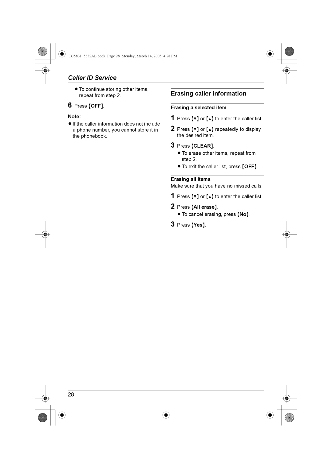 Panasonic KX-TG5832AL, KX-TG5831AL Erasing caller information, Erasing a selected item, Erasing all items 