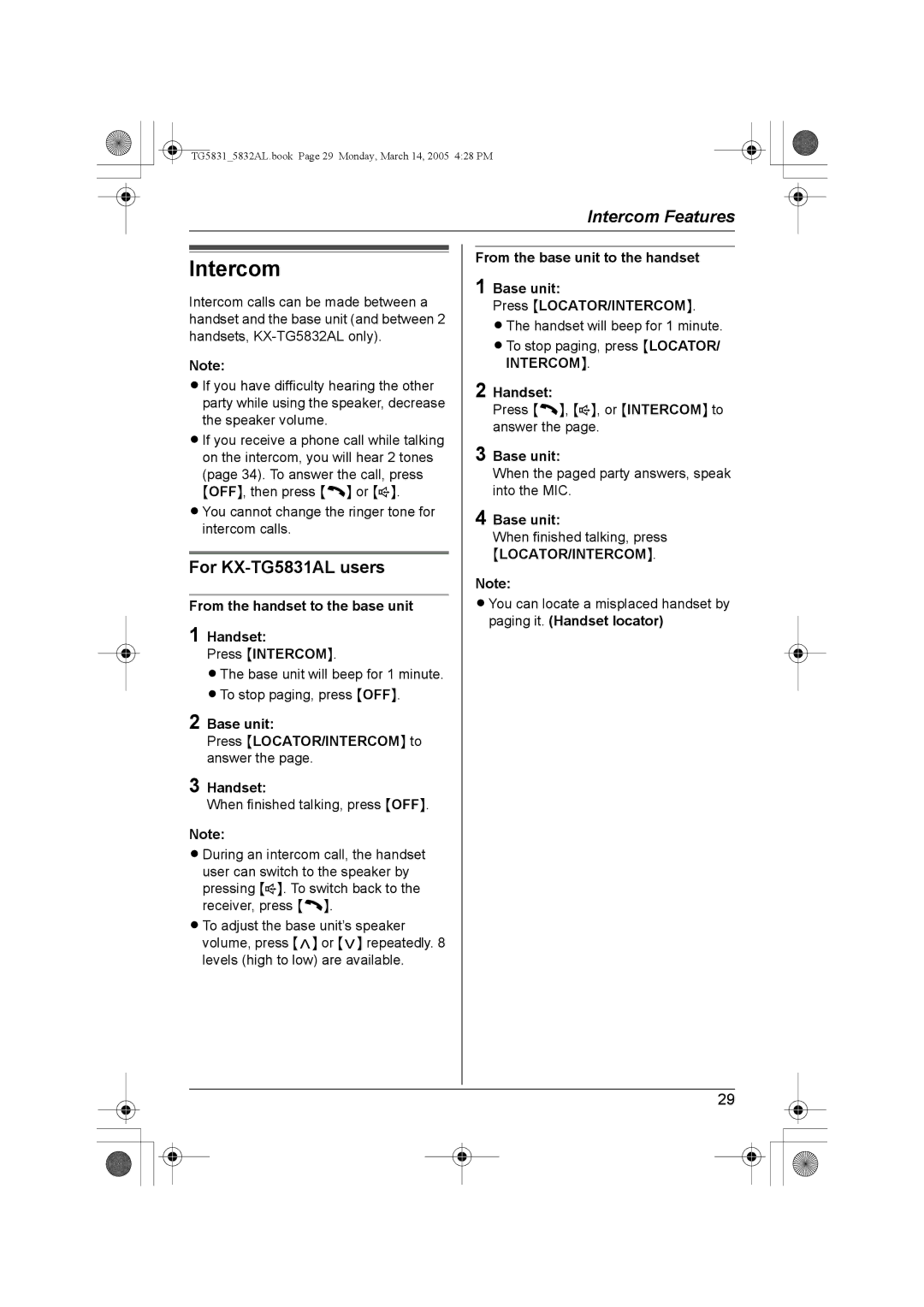 Panasonic KX-TG5832AL operating instructions Intercom, For KX-TG5831AL users, From the handset to the base unit Handset 