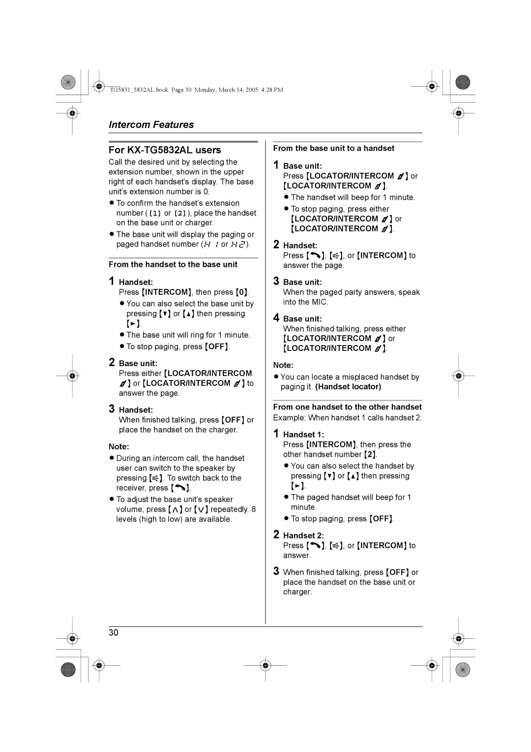 Panasonic KX-TG5831AL operating instructions For KX-TG5832AL users, From one handset to the other handset 