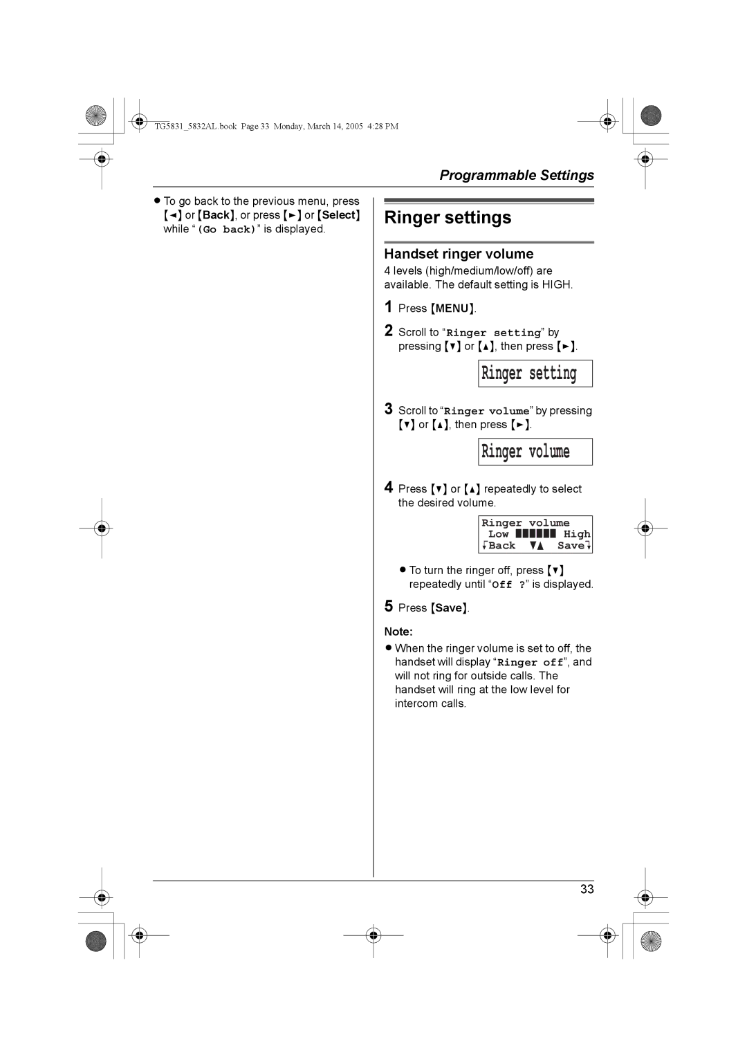 Panasonic KX-TG5831AL, KX-TG5832AL Ringer settings, Handset ringer volume, Ringer volume Low High KBack dB SaveL 