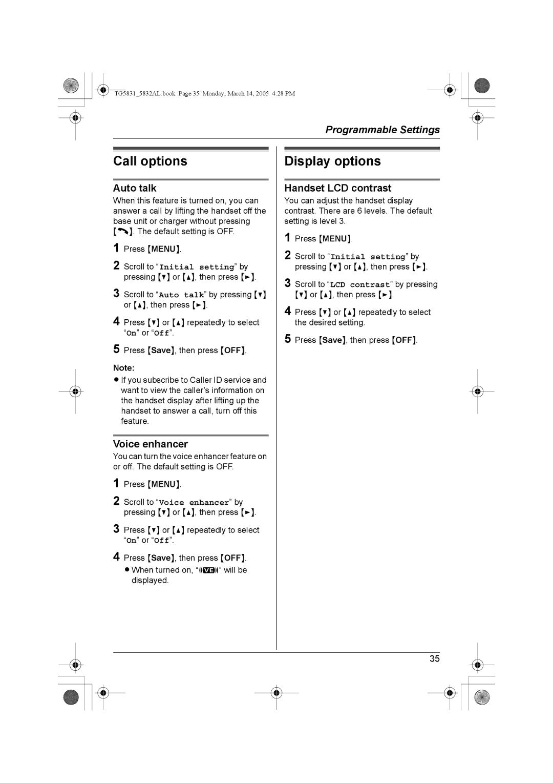 Panasonic KX-TG5831AL, KX-TG5832AL operating instructions Call options, Display options, Auto talk, Handset LCD contrast 