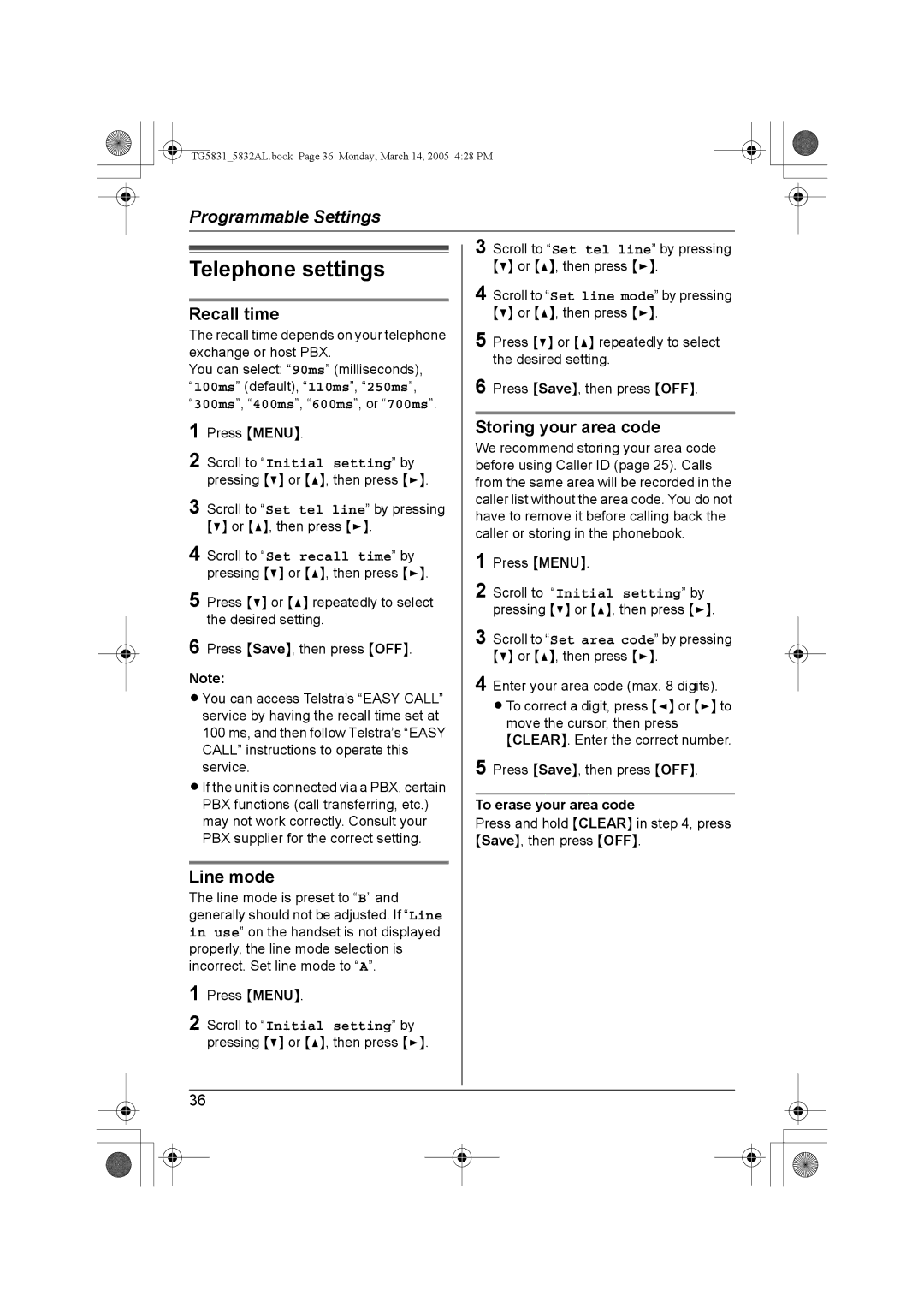 Panasonic KX-TG5832AL Telephone settings, Recall time, Line mode, Storing your area code, To erase your area code 