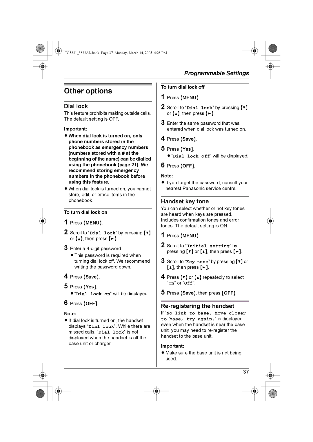 Panasonic KX-TG5831AL, KX-TG5832AL Other options, Dial lock, Handset key tone, Re-registering the handset 