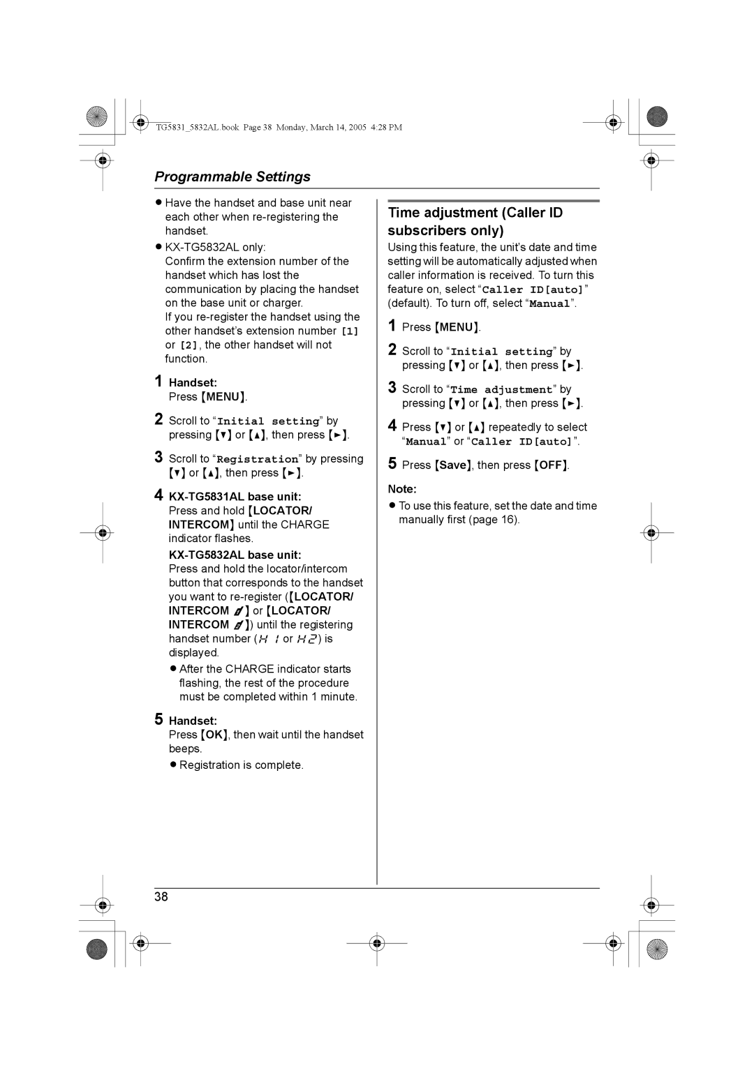 Panasonic KX-TG5832AL, KX-TG5831AL operating instructions Time adjustment Caller ID subscribers only, Handset 