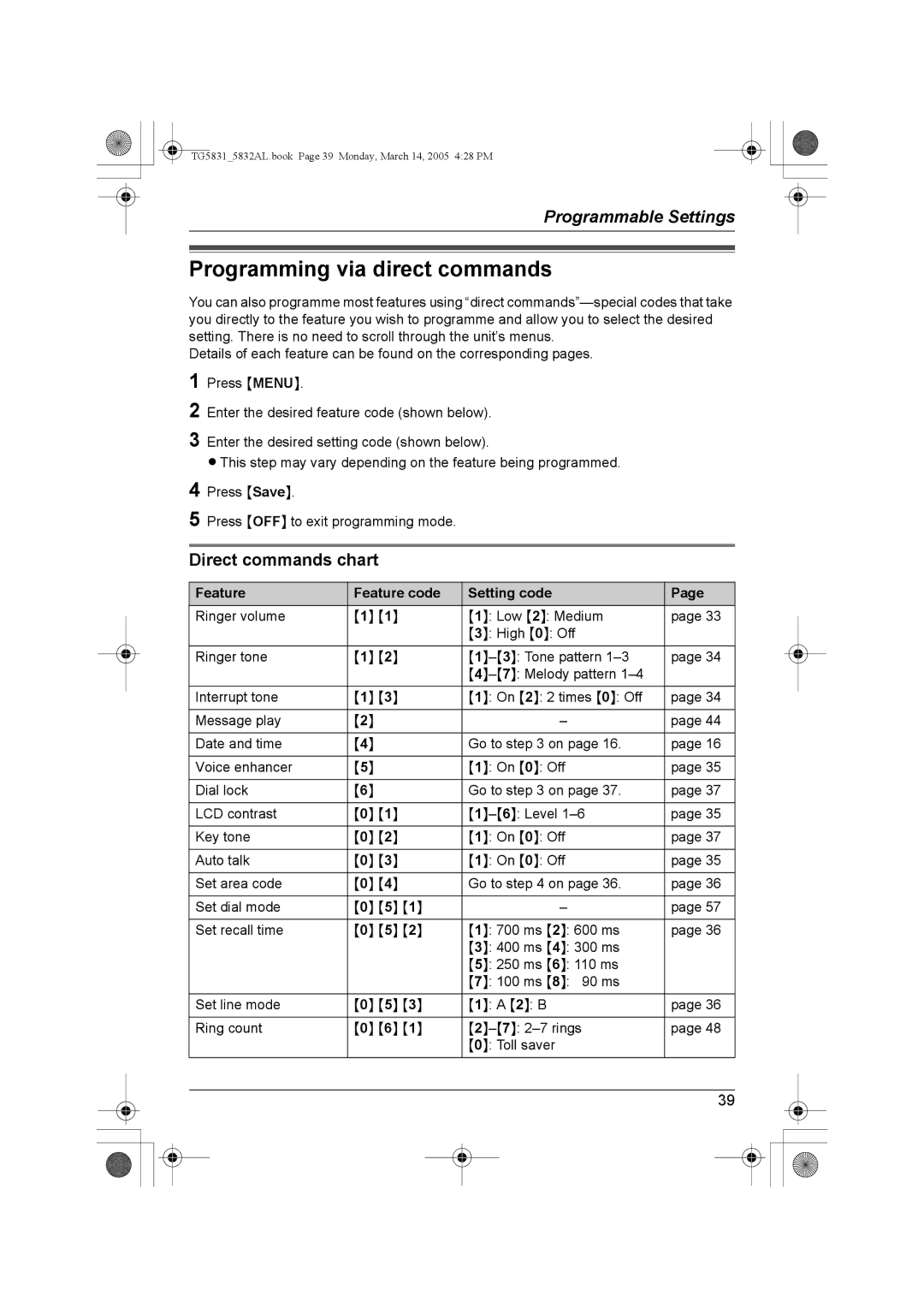 Panasonic KX-TG5831AL Programming via direct commands, Direct commands chart, Feature Feature code Setting code 