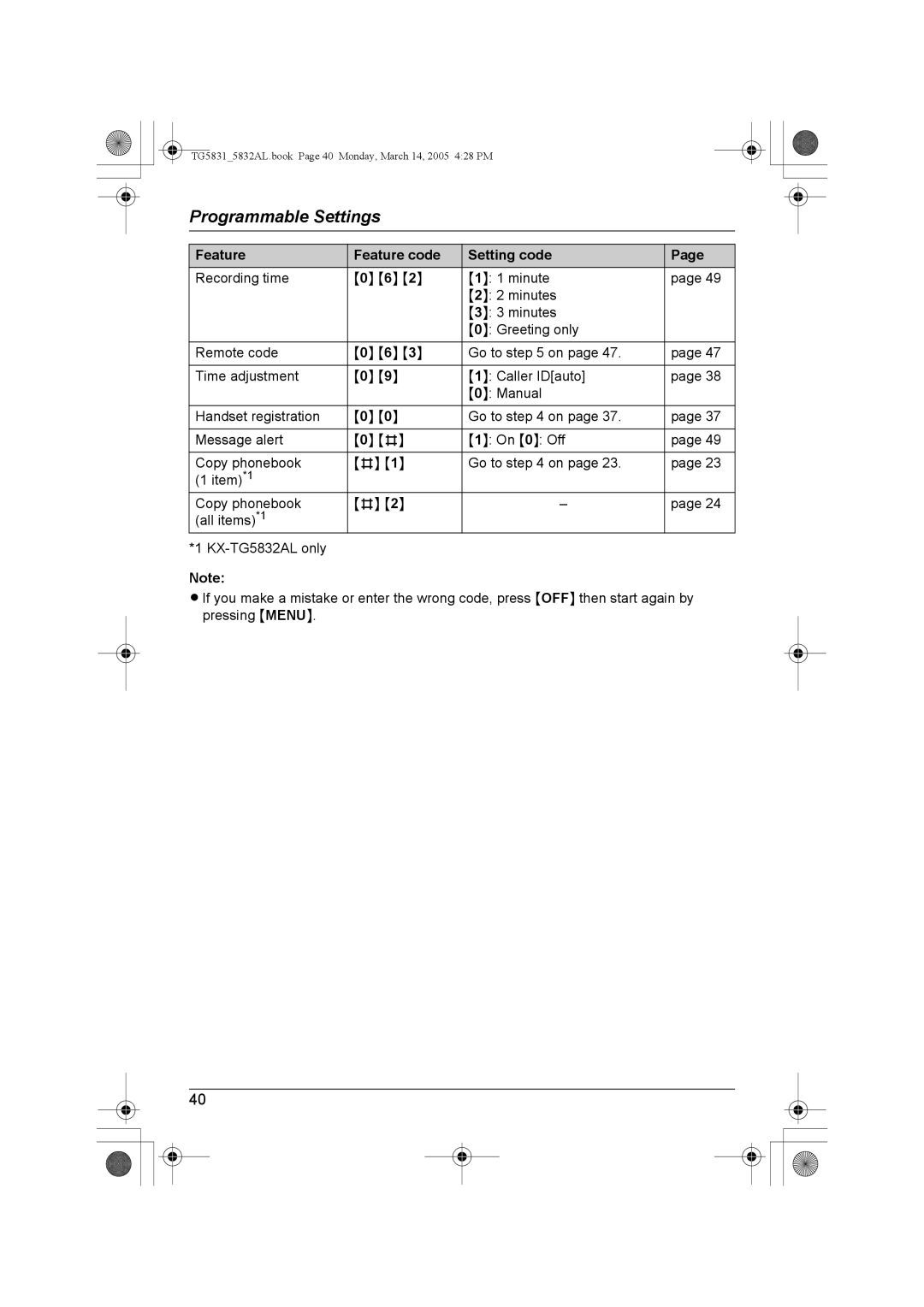 Panasonic KX-TG5832AL, KX-TG5831AL operating instructions TG58315832AL.book Page 40 Monday, March 14, 2005 428 PM 