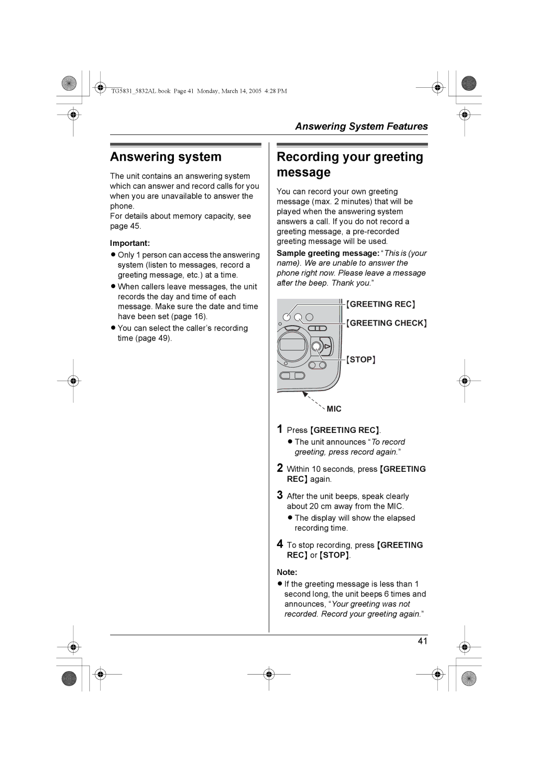 Panasonic KX-TG5831AL, KX-TG5832AL operating instructions Answering system 