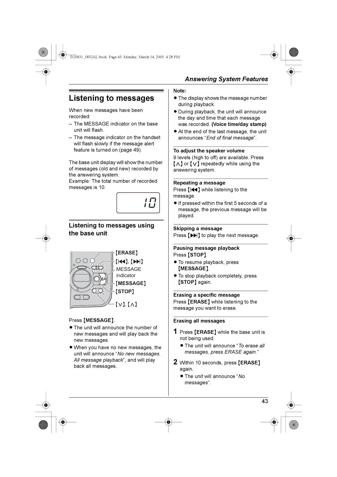 Panasonic KX-TG5831AL, KX-TG5832AL operating instructions Listening to messages using the base unit 