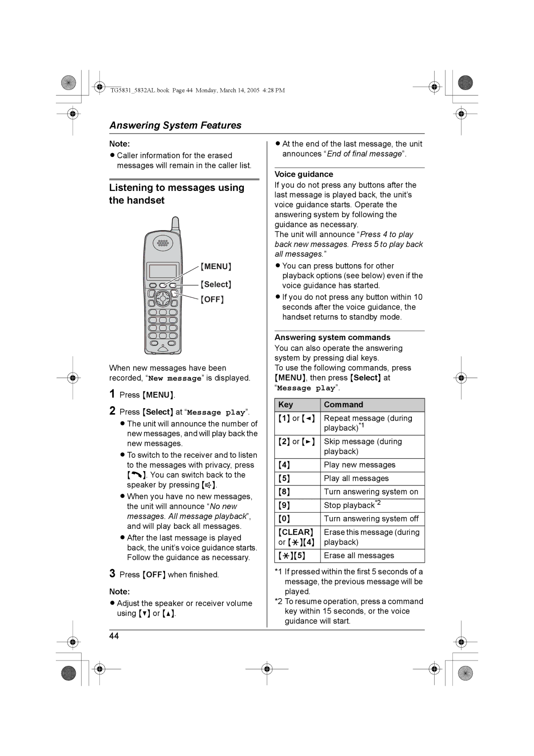 Panasonic KX-TG5832AL, KX-TG5831AL operating instructions Listening to messages using the handset, Message play 