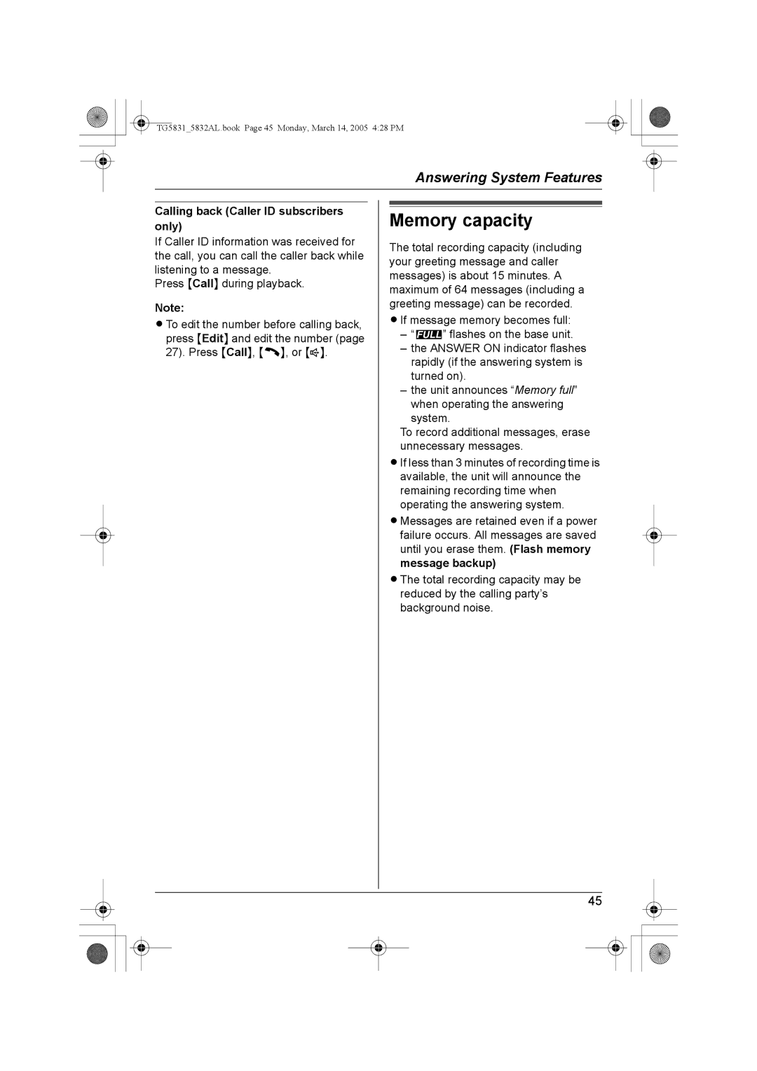 Panasonic KX-TG5831AL, KX-TG5832AL operating instructions Memory capacity, Calling back Caller ID subscribers only 