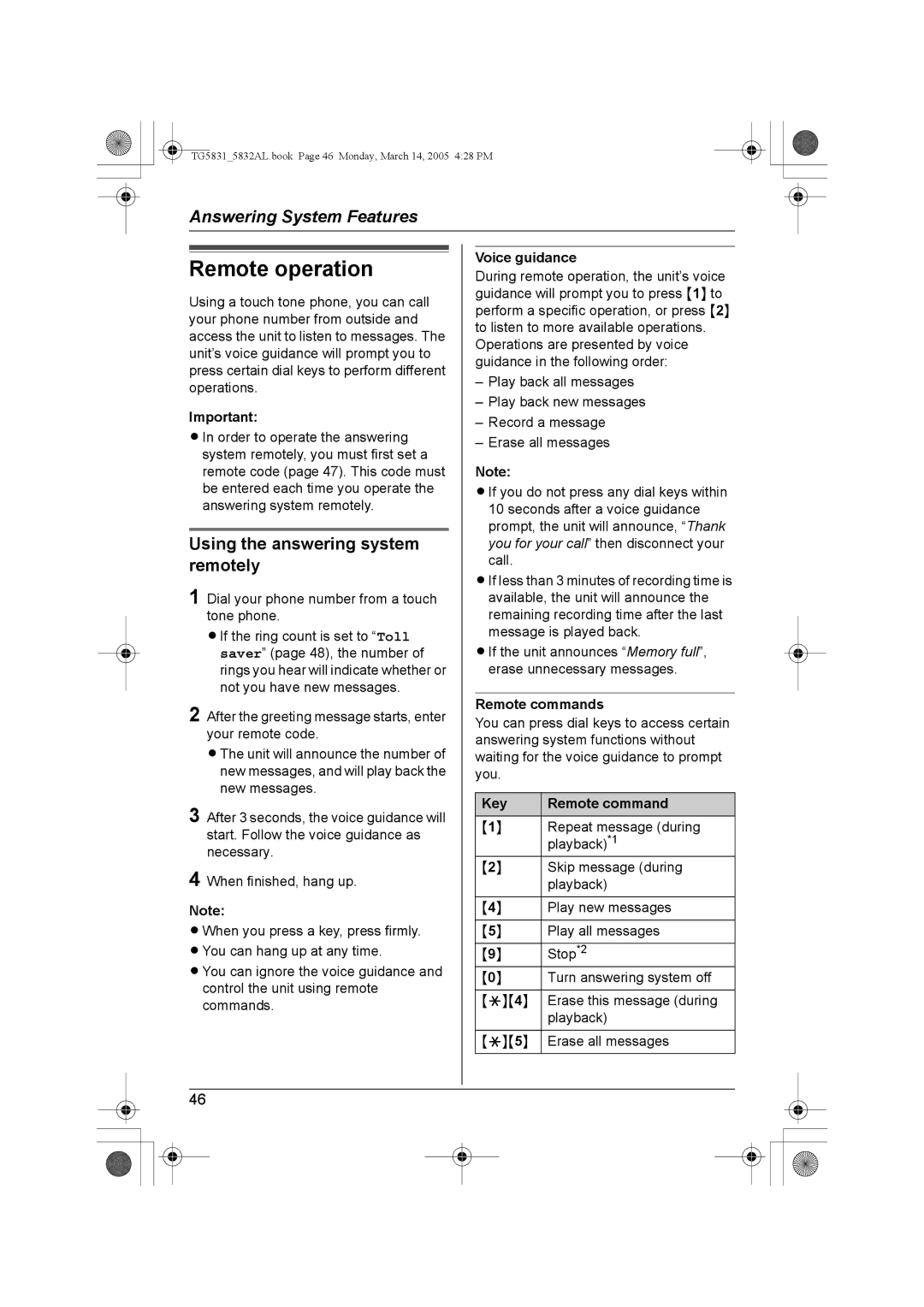 Panasonic KX-TG5832AL Remote operation, Using the answering system remotely, Remote commands, Key Remote command 