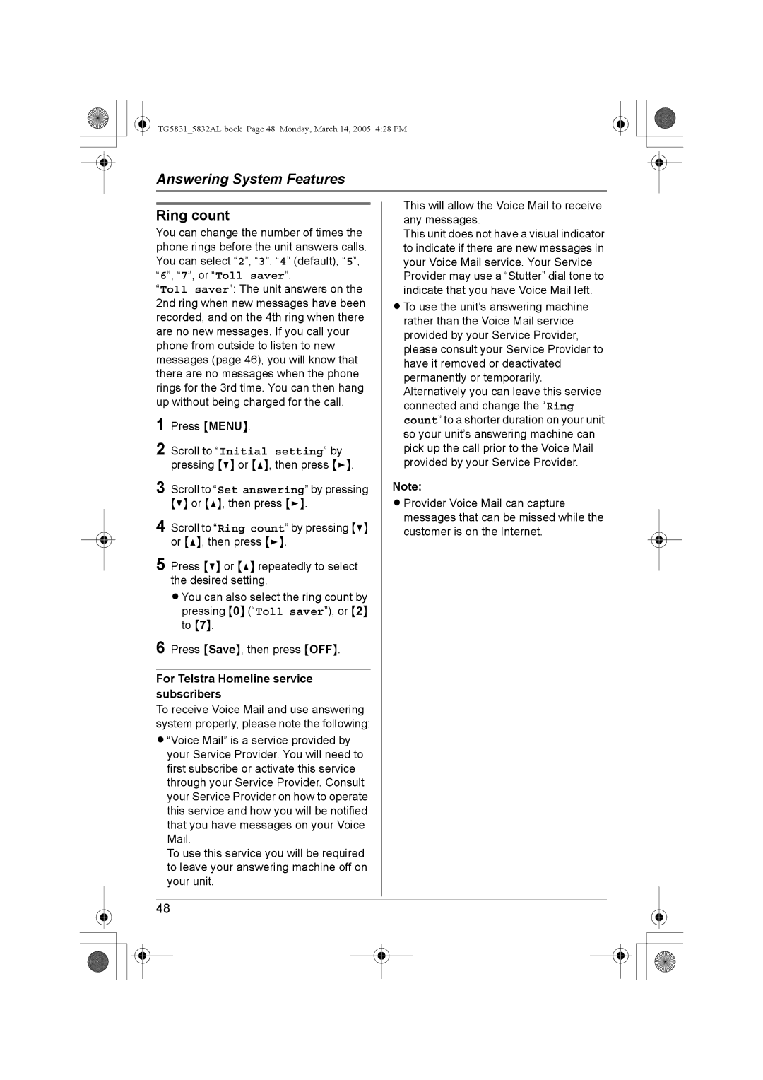 Panasonic KX-TG5832AL, KX-TG5831AL operating instructions Ring count, For Telstra Homeline service subscribers 