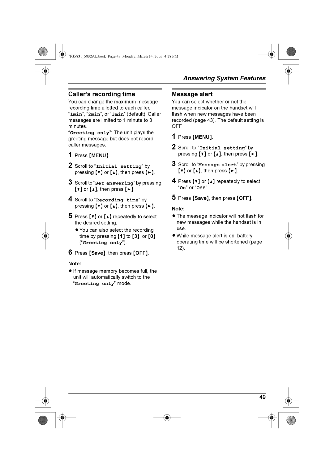 Panasonic KX-TG5831AL, KX-TG5832AL operating instructions Caller’s recording time, Message alert, Greeting only 