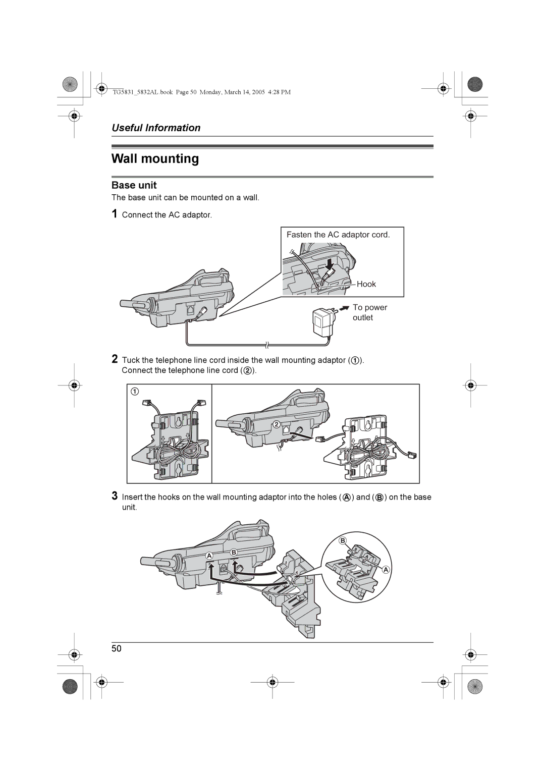 Panasonic KX-TG5832AL, KX-TG5831AL operating instructions Wall mounting, Base unit 