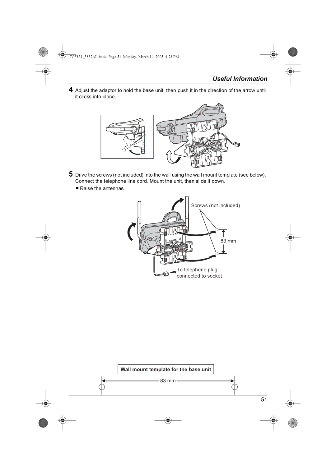 Panasonic KX-TG5831AL, KX-TG5832AL operating instructions Wall mount template for the base unit 