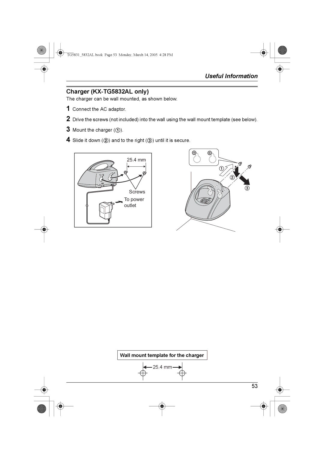 Panasonic KX-TG5831AL operating instructions Charger KX-TG5832AL only, Wall mount template for the charger 