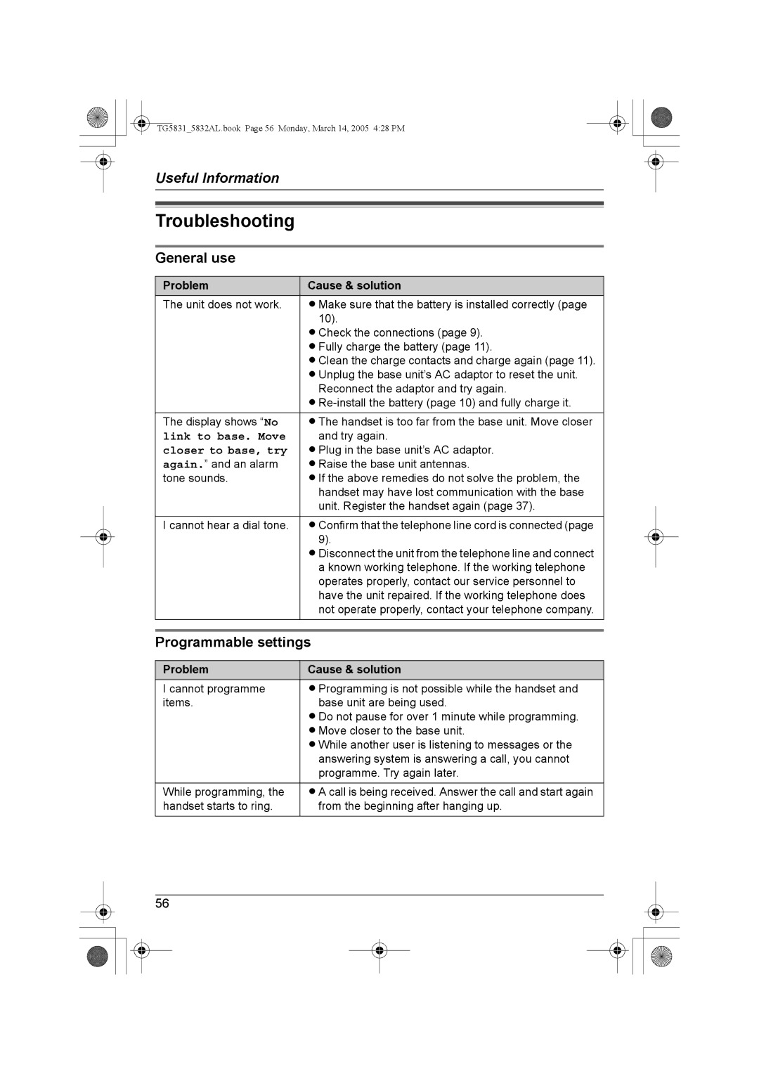 Panasonic KX-TG5832AL Troubleshooting, General use, Programmable settings, Link to base. Move, Closer to base, try 