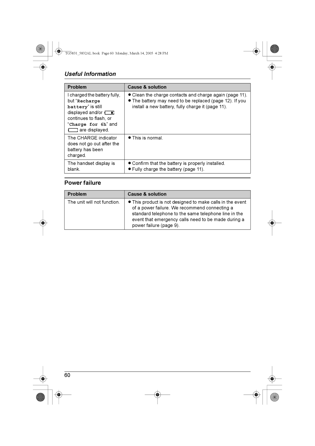 Panasonic KX-TG5832AL, KX-TG5831AL operating instructions Power failure, But Recharge 