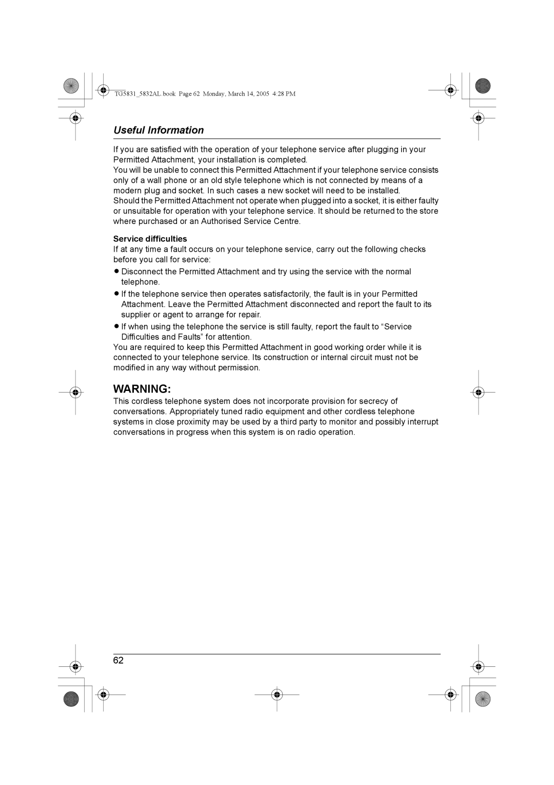 Panasonic KX-TG5832AL, KX-TG5831AL operating instructions Service difficulties 