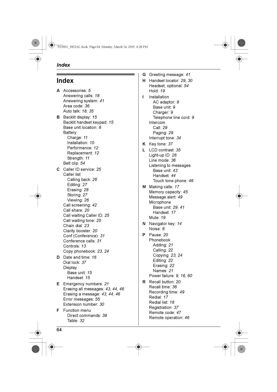 Panasonic KX-TG5832AL, KX-TG5831AL operating instructions Index 