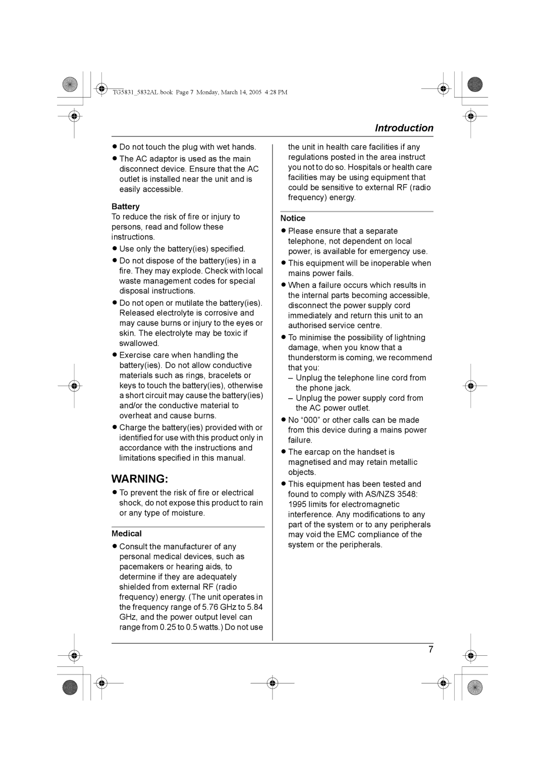 Panasonic KX-TG5831AL, KX-TG5832AL operating instructions Battery, Medical 