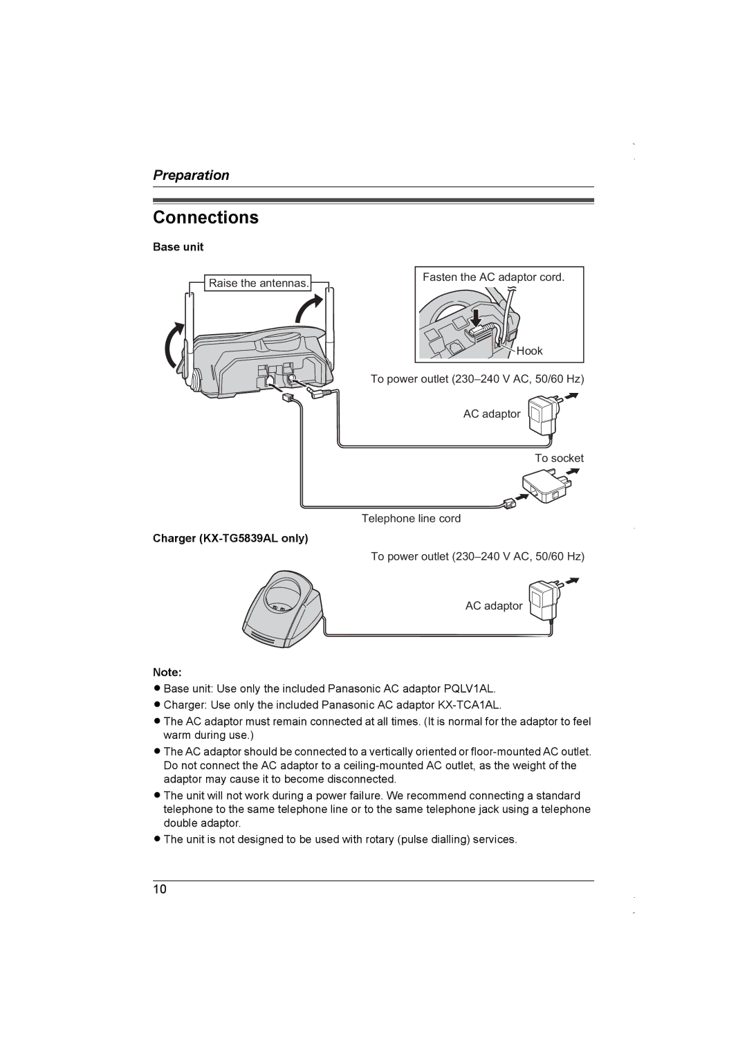 Panasonic KX-TG5838AL operating instructions Connections, Base unit, Charger KX-TG5839AL only 