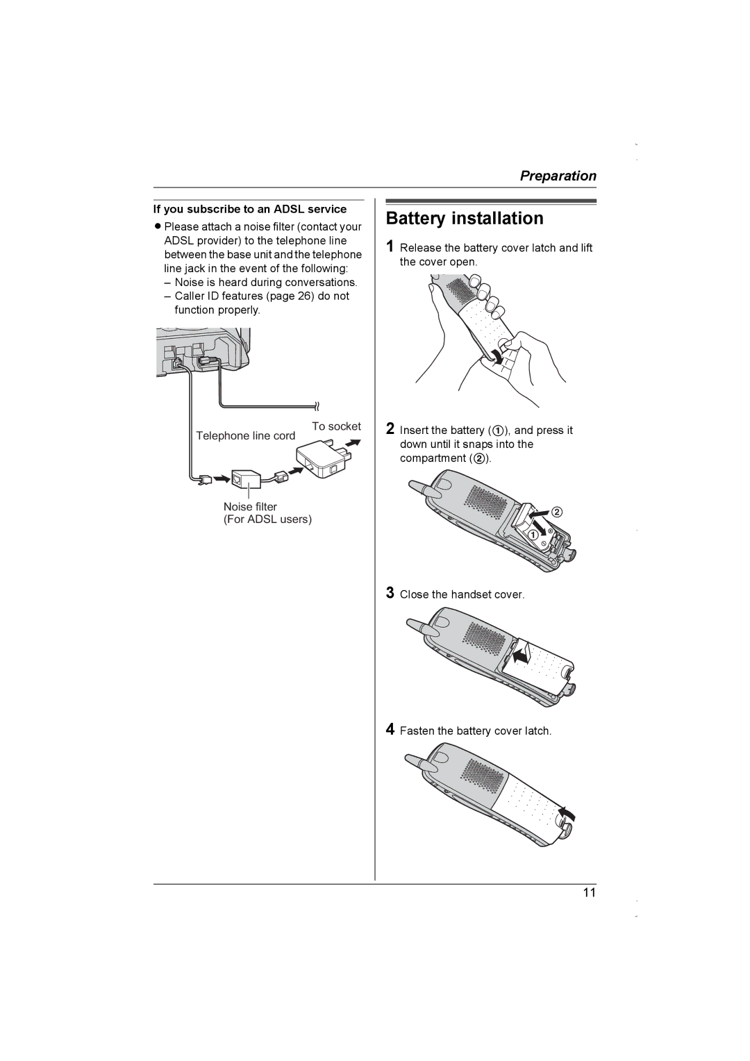 Panasonic KX-TG5839AL, KX-TG5838AL operating instructions Battery installation, If you subscribe to an Adsl service 