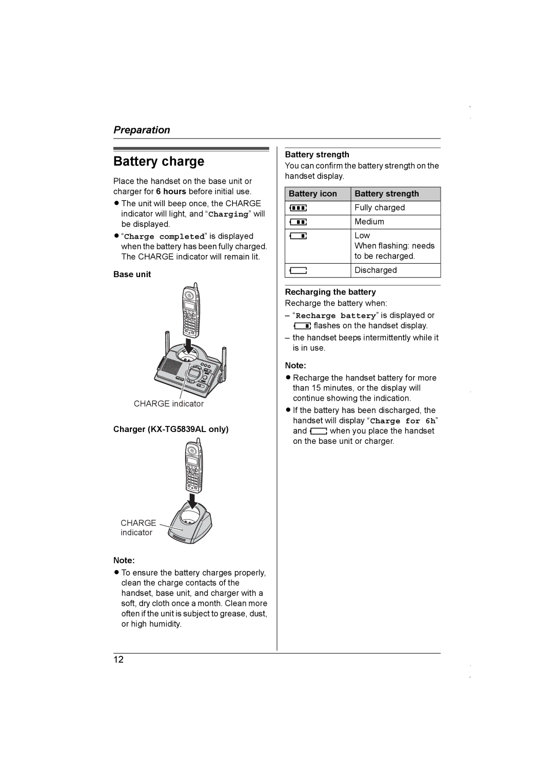 Panasonic KX-TG5838AL, KX-TG5839AL Battery charge, Battery icon Battery strength, Recharging the battery 