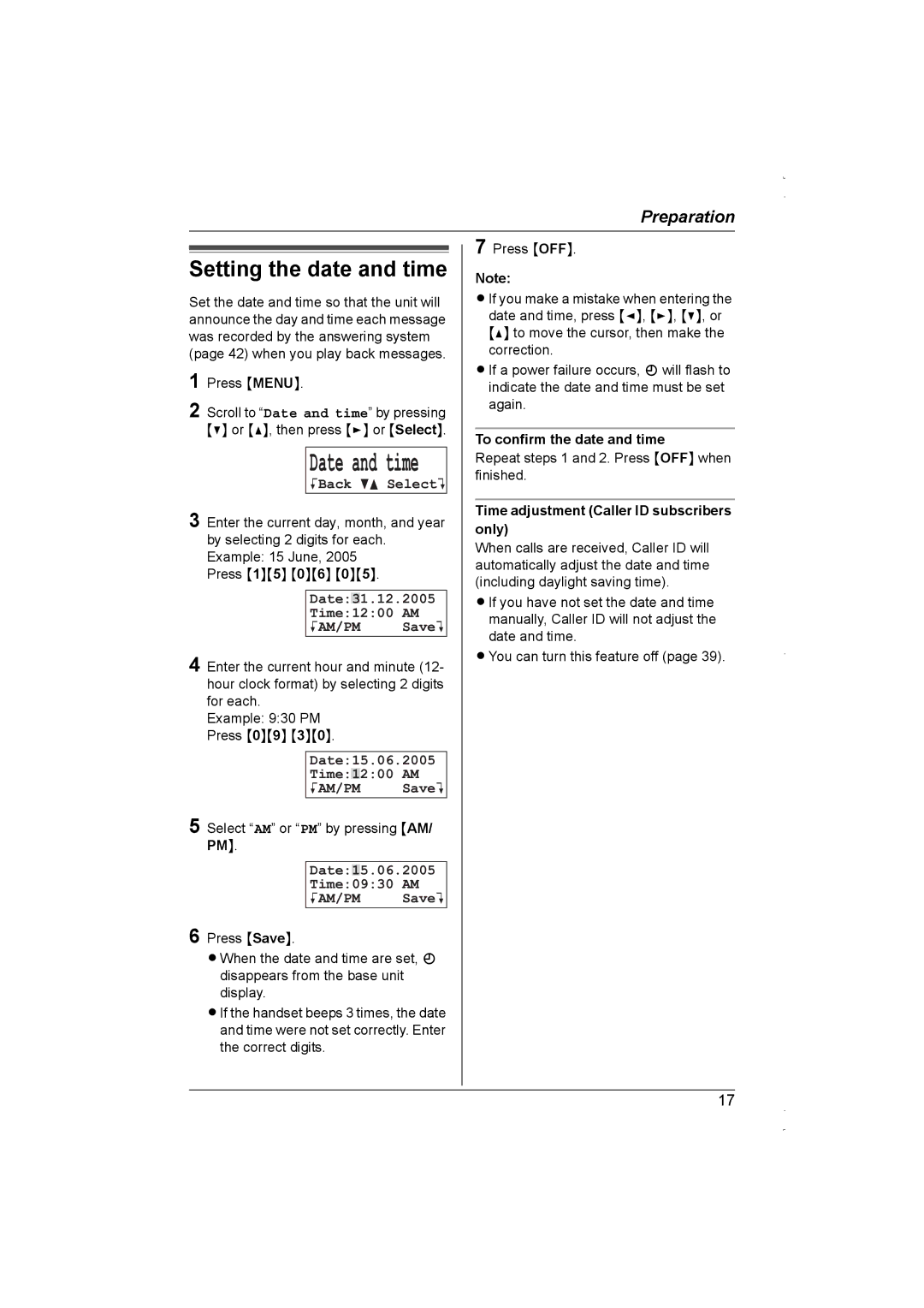 Panasonic KX-TG5839AL, KX-TG5838AL Setting the date and time, KBack dB SelectL, Date31.12.2005 Time1200 AM KAM/PM SaveL 