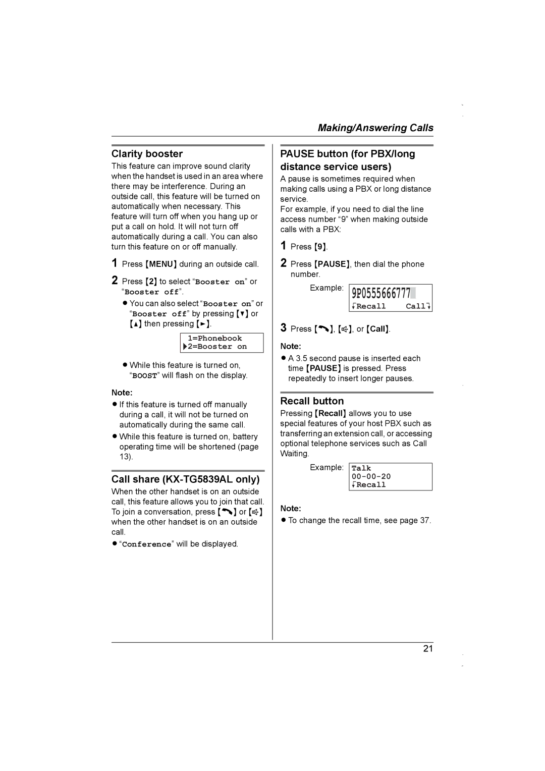 Panasonic Clarity booster, Call share KX-TG5839AL only, Pause button for PBX/long distance service users, Recall button 