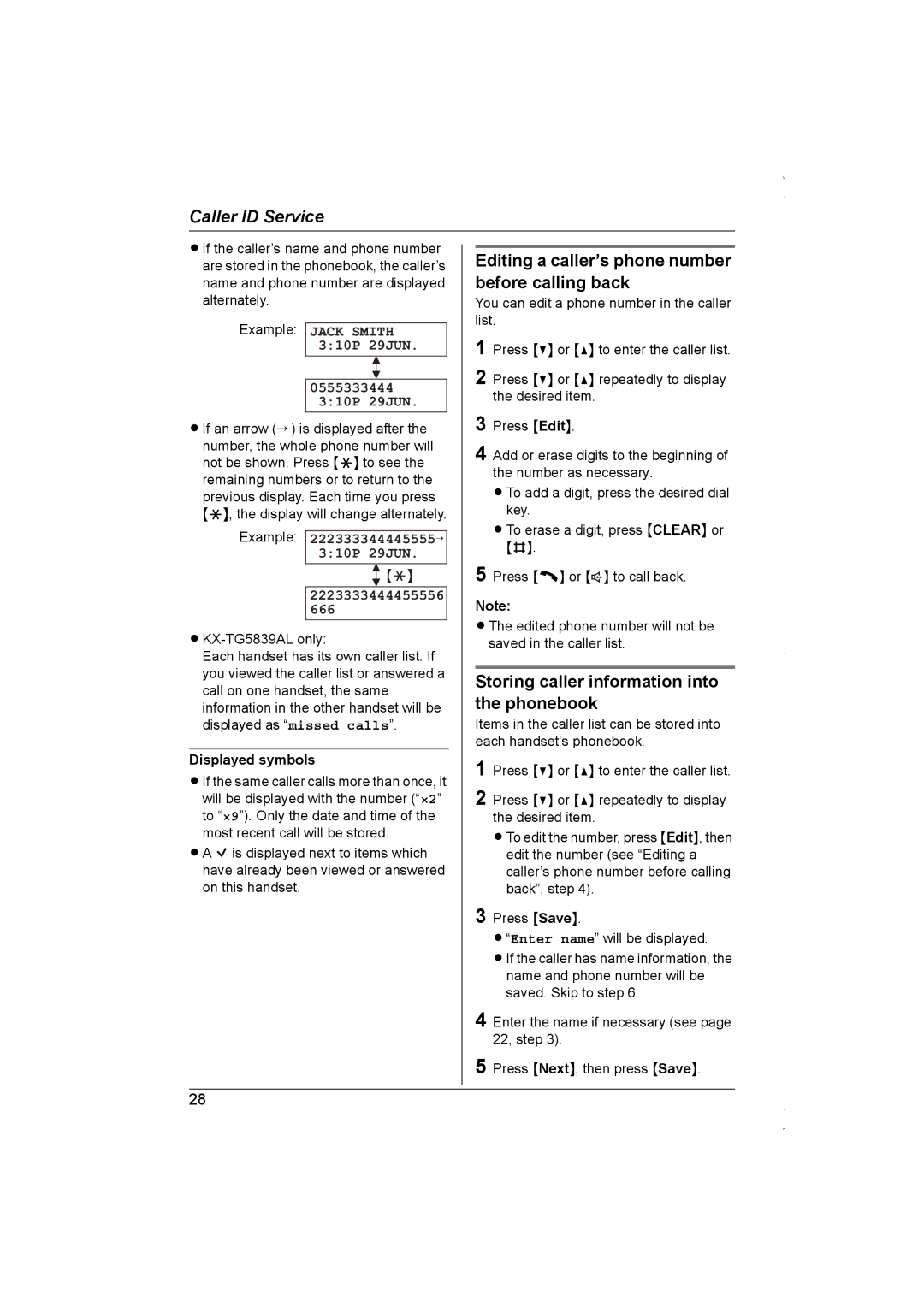 Panasonic KX-TG5838AL Editing a caller’s phone number before calling back, Storing caller information into the phonebook 