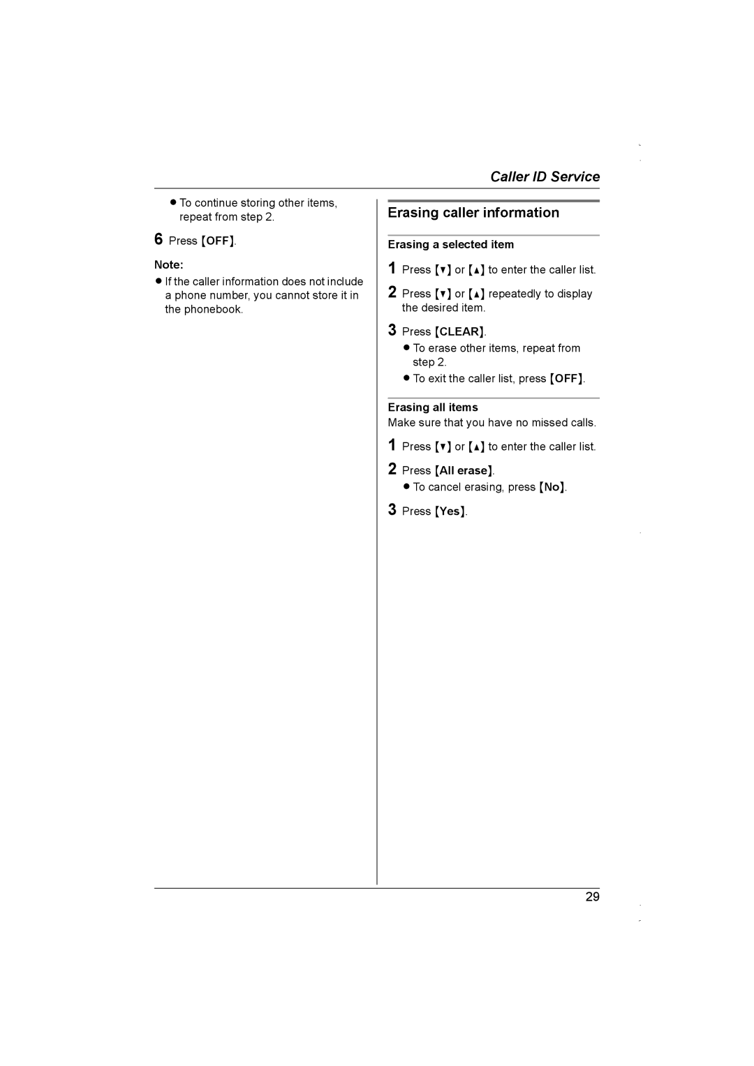 Panasonic KX-TG5839AL, KX-TG5838AL Erasing caller information, Erasing a selected item, Erasing all items 