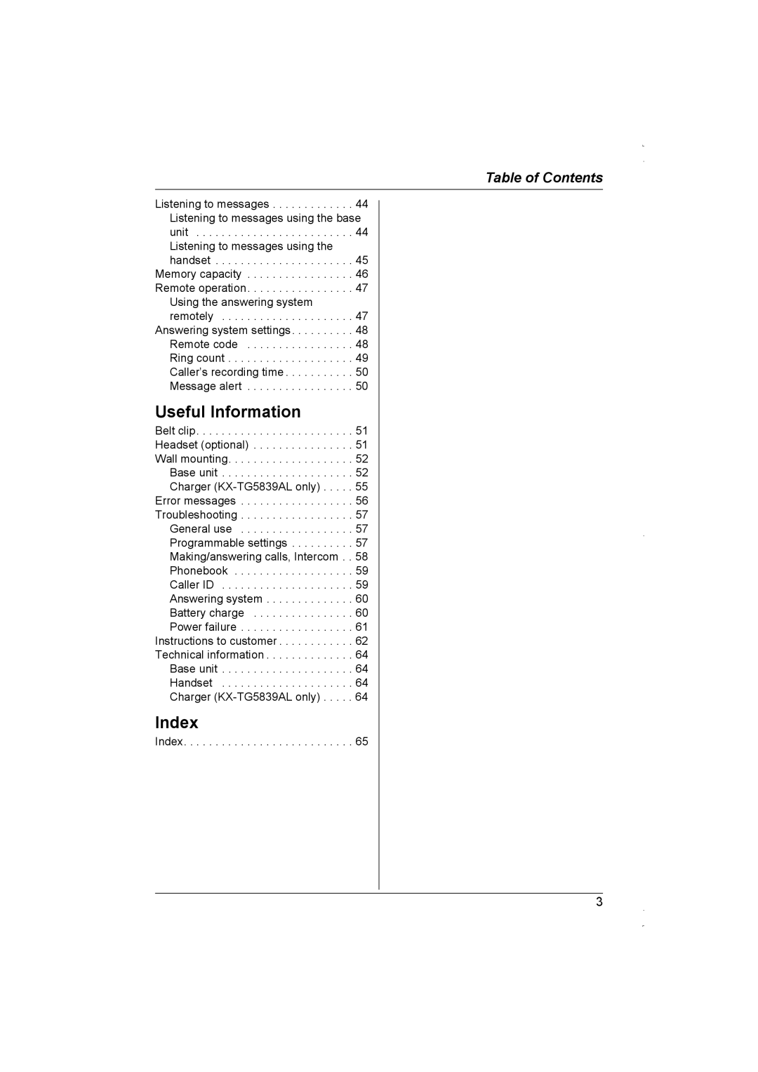 Panasonic KX-TG5839AL, KX-TG5838AL operating instructions Useful Information 