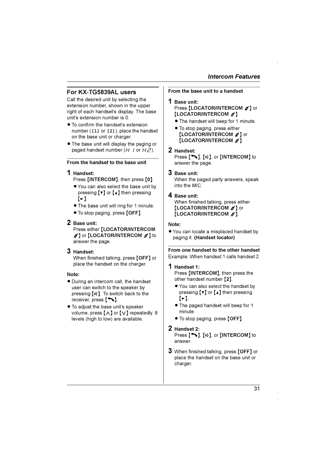 Panasonic KX-TG5838AL operating instructions For KX-TG5839AL users, From one handset to the other handset 