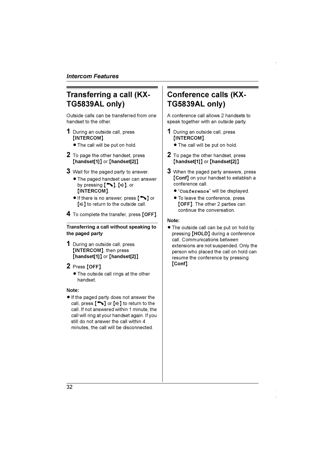 Panasonic KX-TG5838AL, KX-TG5839AL operating instructions Conference calls KX- TG5839AL only 