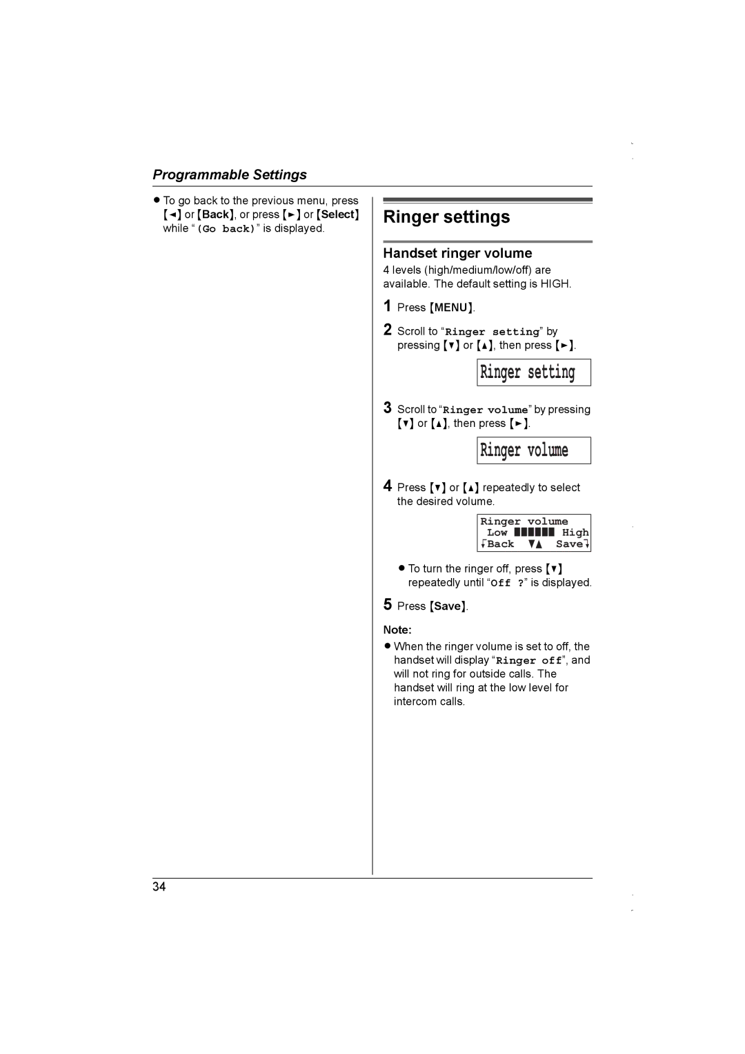 Panasonic KX-TG5838AL, KX-TG5839AL Ringer settings, Handset ringer volume, Ringer volume Low High KBack dB SaveL 