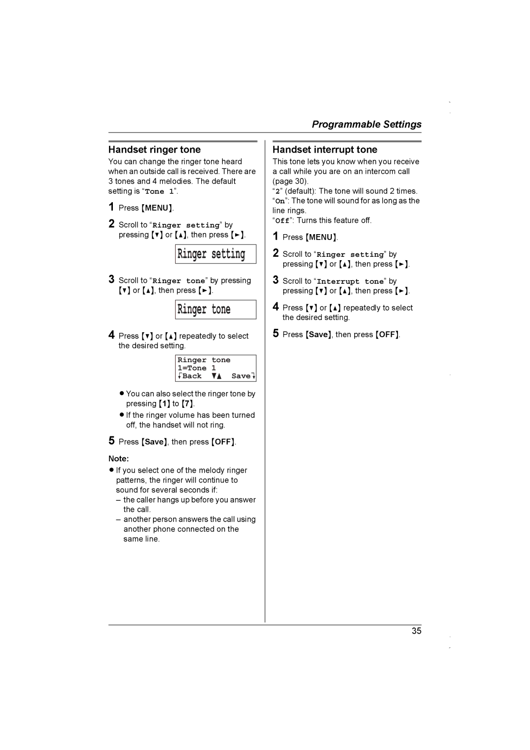 Panasonic KX-TG5839AL, KX-TG5838AL Handset ringer tone, Handset interrupt tone, Ringer tone 1=Tone KBack dB SaveL 
