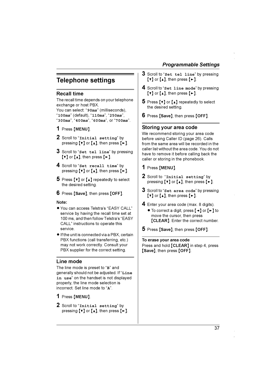 Panasonic KX-TG5839AL Telephone settings, Recall time, Line mode, Storing your area code, To erase your area code 