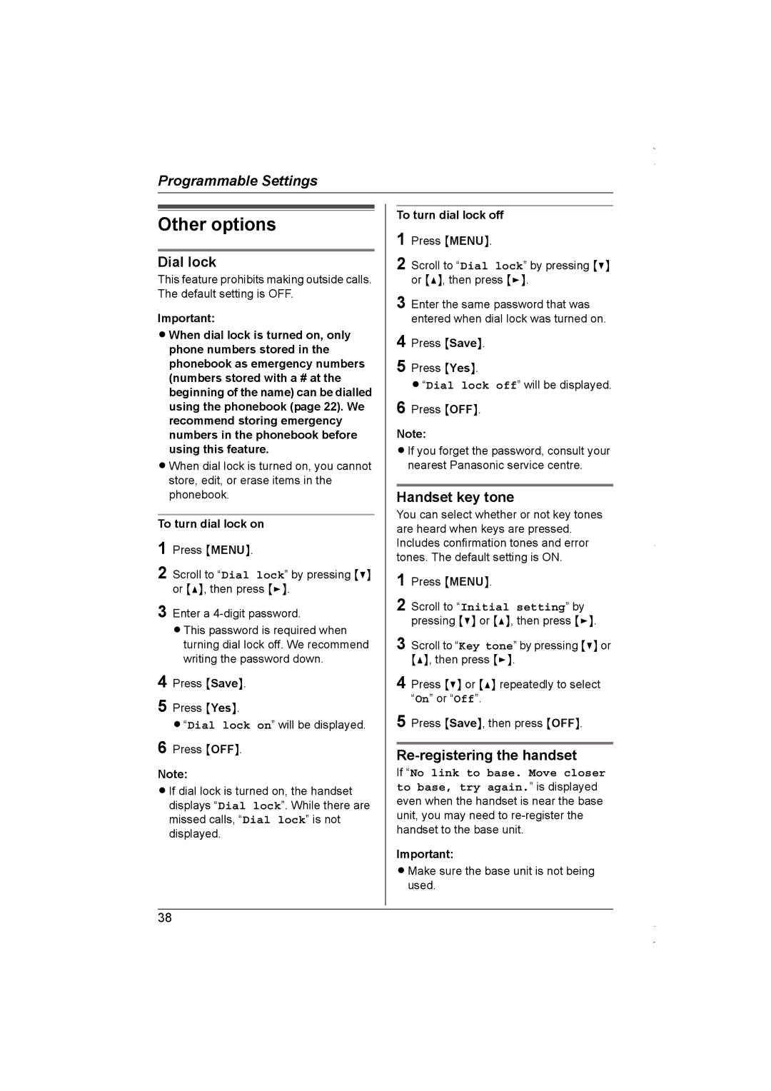 Panasonic KX-TG5838AL, KX-TG5839AL Other options, Dial lock, Handset key tone, Re-registering the handset 