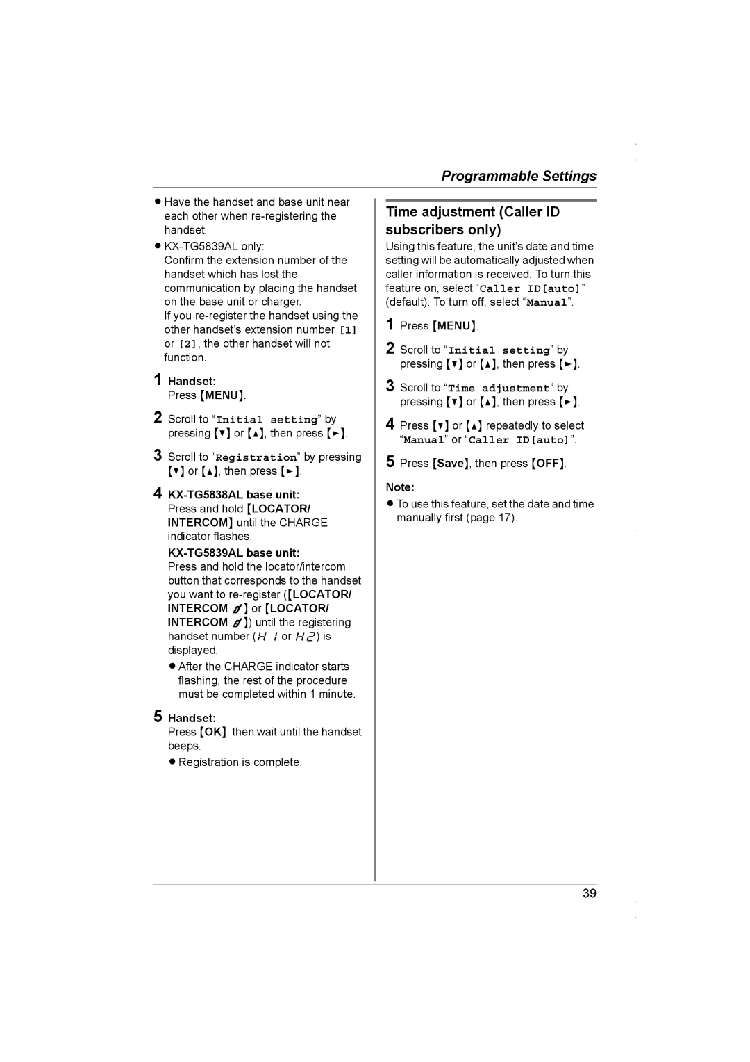 Panasonic KX-TG5839AL, KX-TG5838AL operating instructions Time adjustment Caller ID subscribers only, Handset 