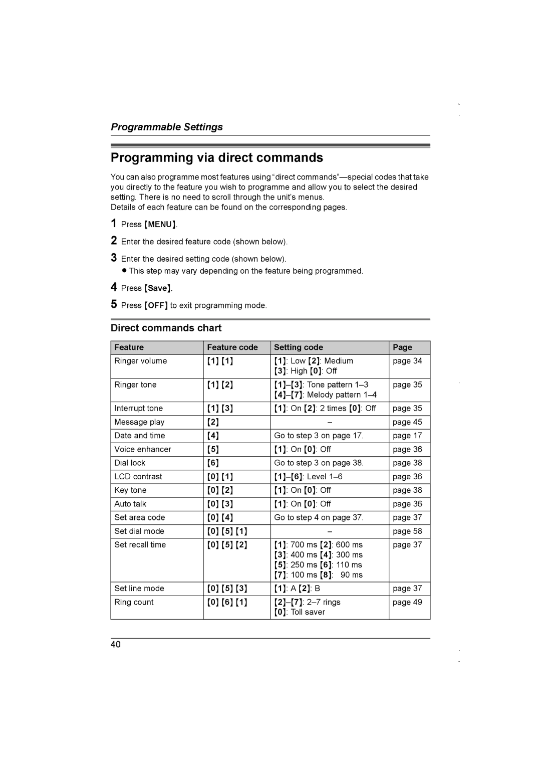 Panasonic KX-TG5838AL Programming via direct commands, Direct commands chart, Feature Feature code Setting code 