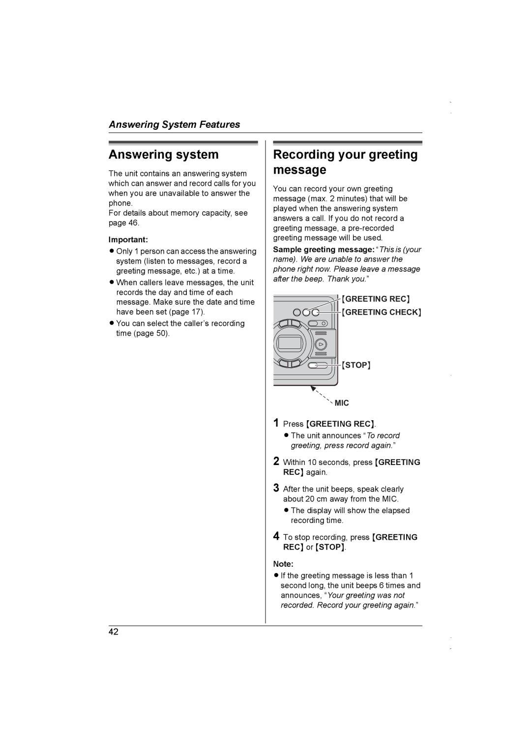 Panasonic KX-TG5838AL, KX-TG5839AL operating instructions Answering system 