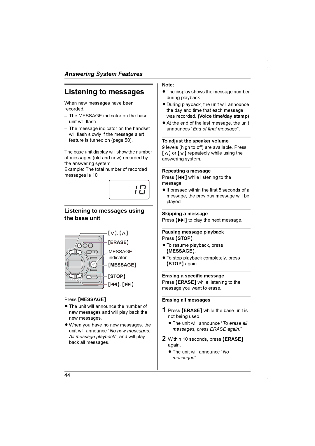 Panasonic KX-TG5838AL, KX-TG5839AL operating instructions Listening to messages using the base unit 